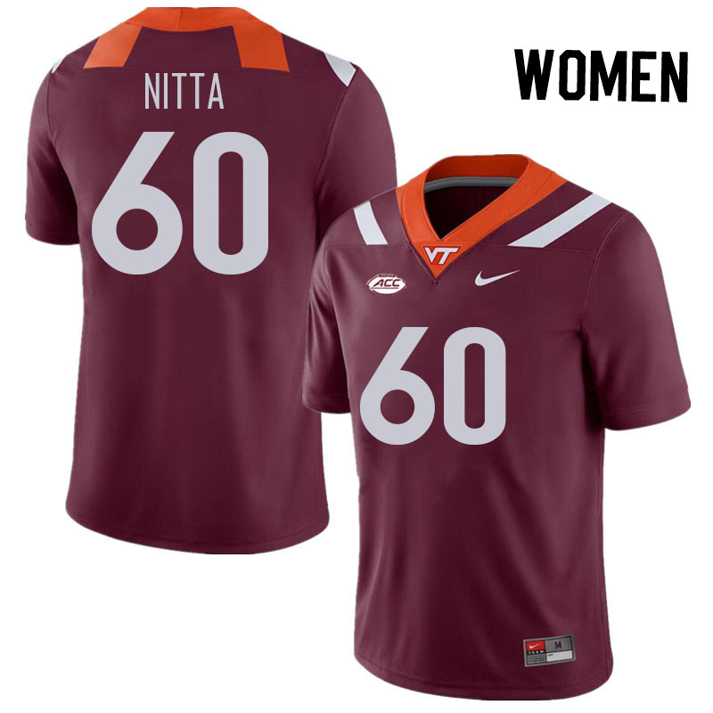 Women #60 Caleb Nitta Virginia Tech Hokies College Football Jerseys Stitched Sale-Maroon